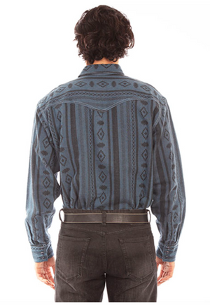 Men's Blue Diamond Stripe Southwestern Print Pearl Snap Flannel Shirt (DS)