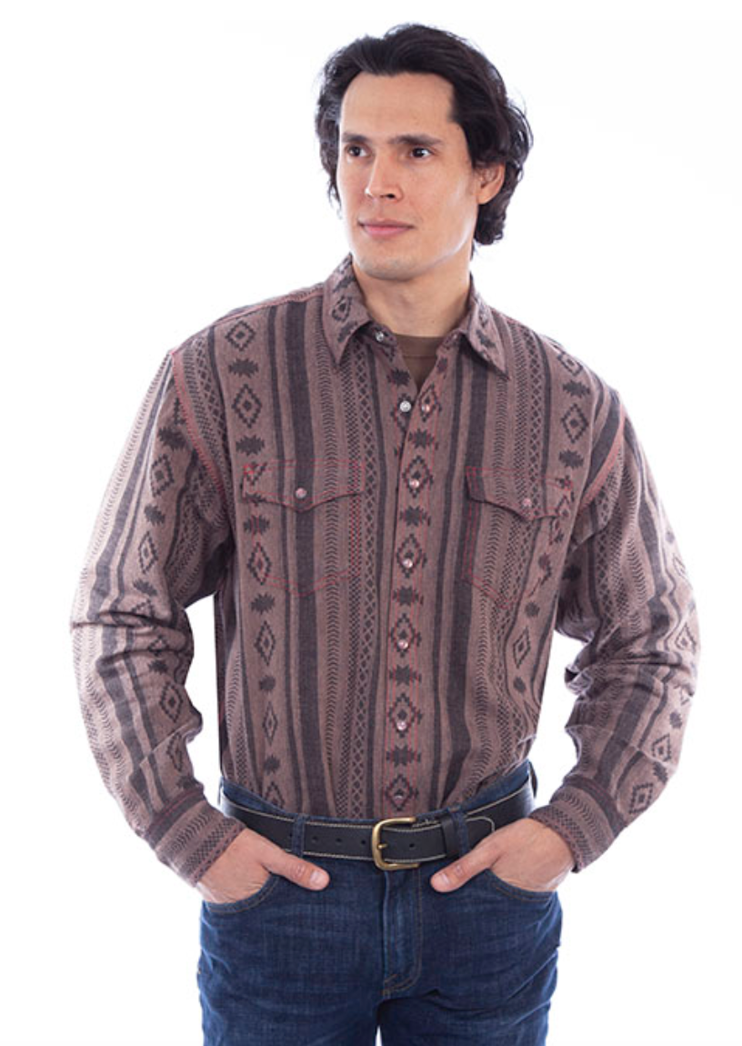 Men's Brown Diamond Stripe Southwestern Print Pearl Snap Flannel Shirt (DS)