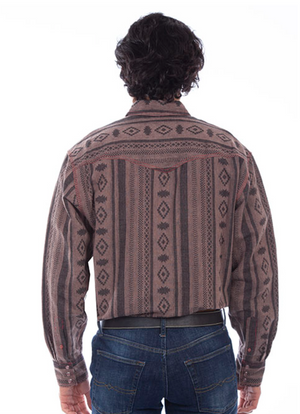 Men's Brown Diamond Stripe Southwestern Print Pearl Snap Flannel Shirt (DS)