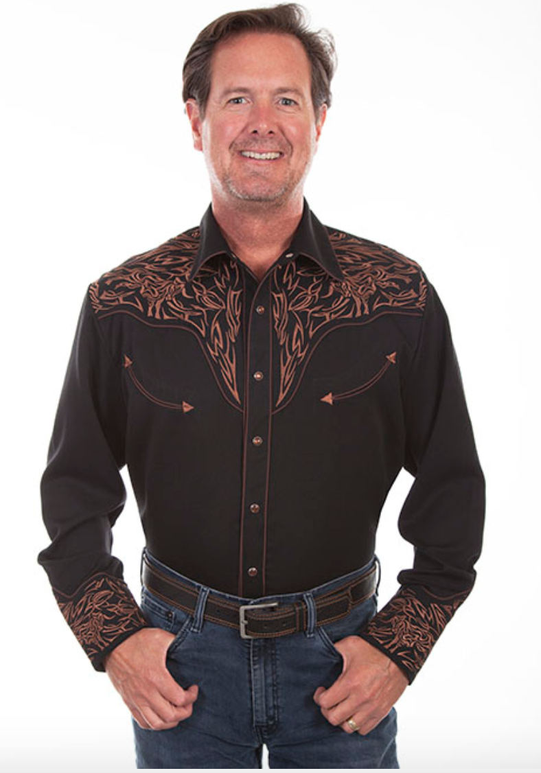 Scully Men's Black & Tan Scroll Tooled Embroidery Button Shirt (DS)