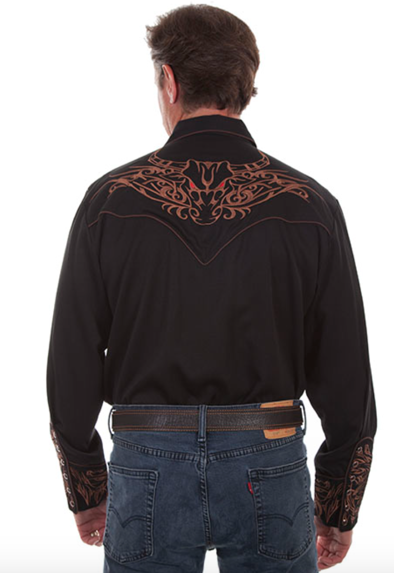 Scully Men's Black & Tan Scroll Tooled Embroidery Button Shirt (DS)