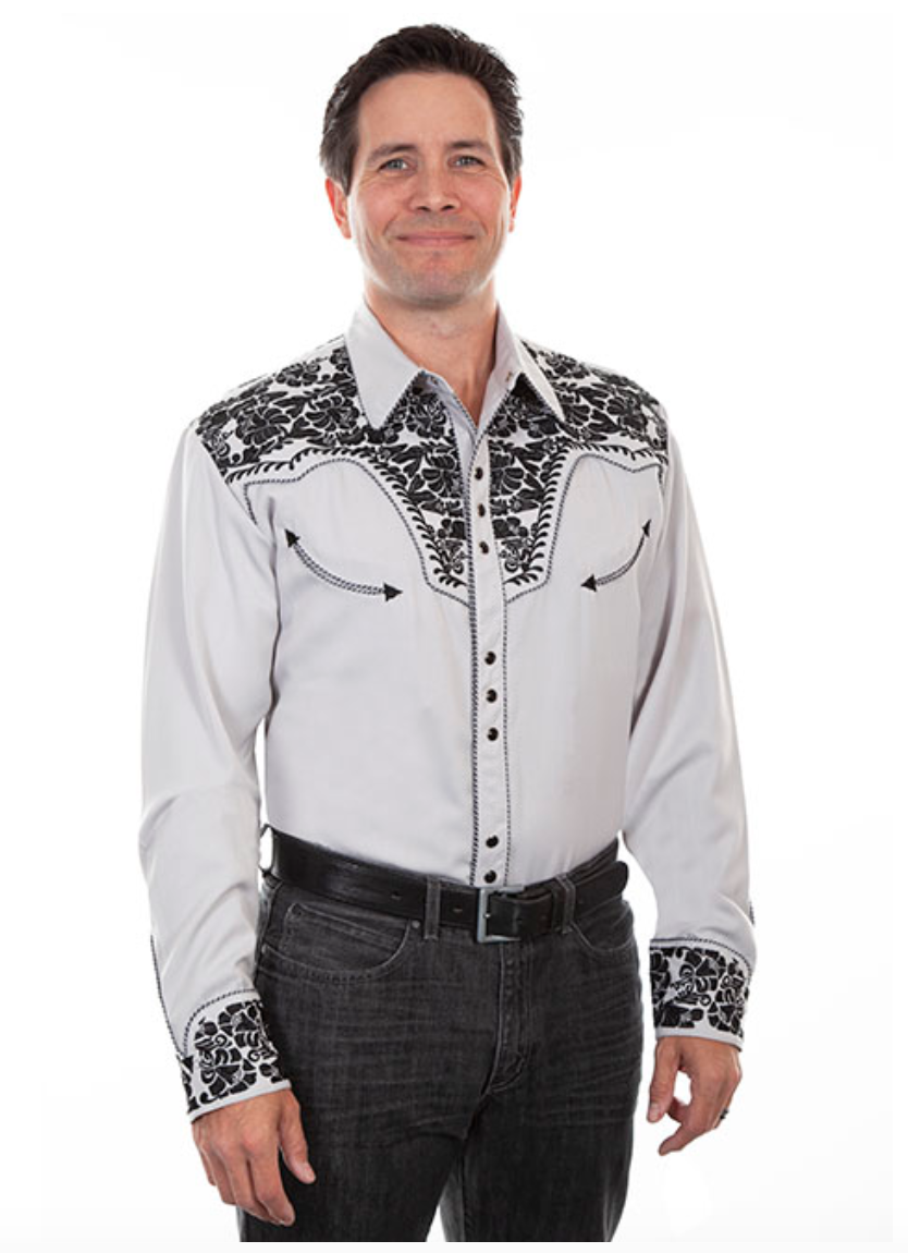 Scully Men's Steel Gray & Black Floral Tooled Embroidery Button Shirt (DS)