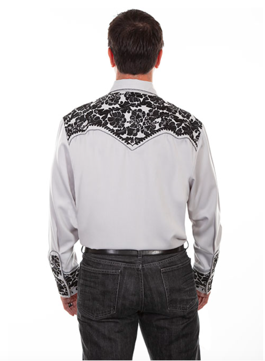 Scully Men's Steel Gray & Black Floral Tooled Embroidery Button Shirt (DS)