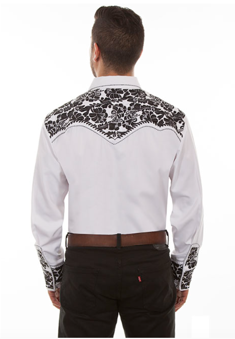 Scully Men's White  & Black Floral Tooled Embroidery Button Shirt (DS)