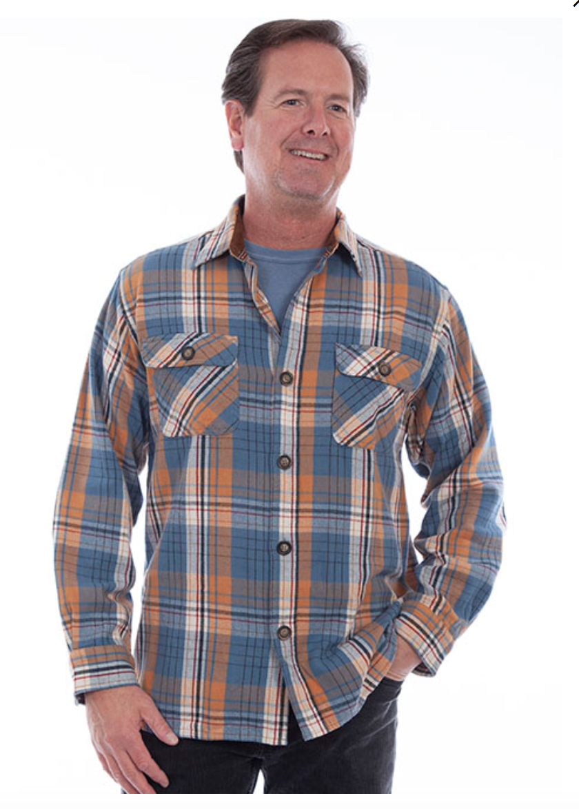Scully Men's Elbow Patch Plaid Shirt in Blue (DS)