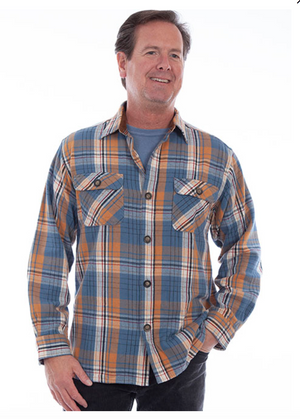 Scully Men's Elbow Patch Plaid Shirt in Blue (DS)