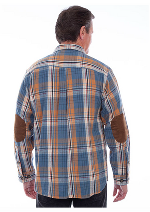 Scully Men's Elbow Patch Plaid Shirt in Blue (DS)