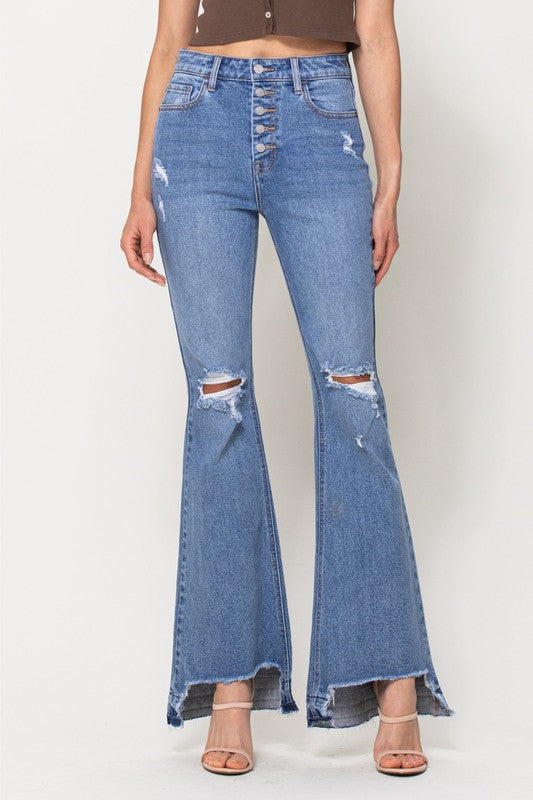 I've Got 5 On It High Rise Button Fly Distressed Denim Flare Jeans