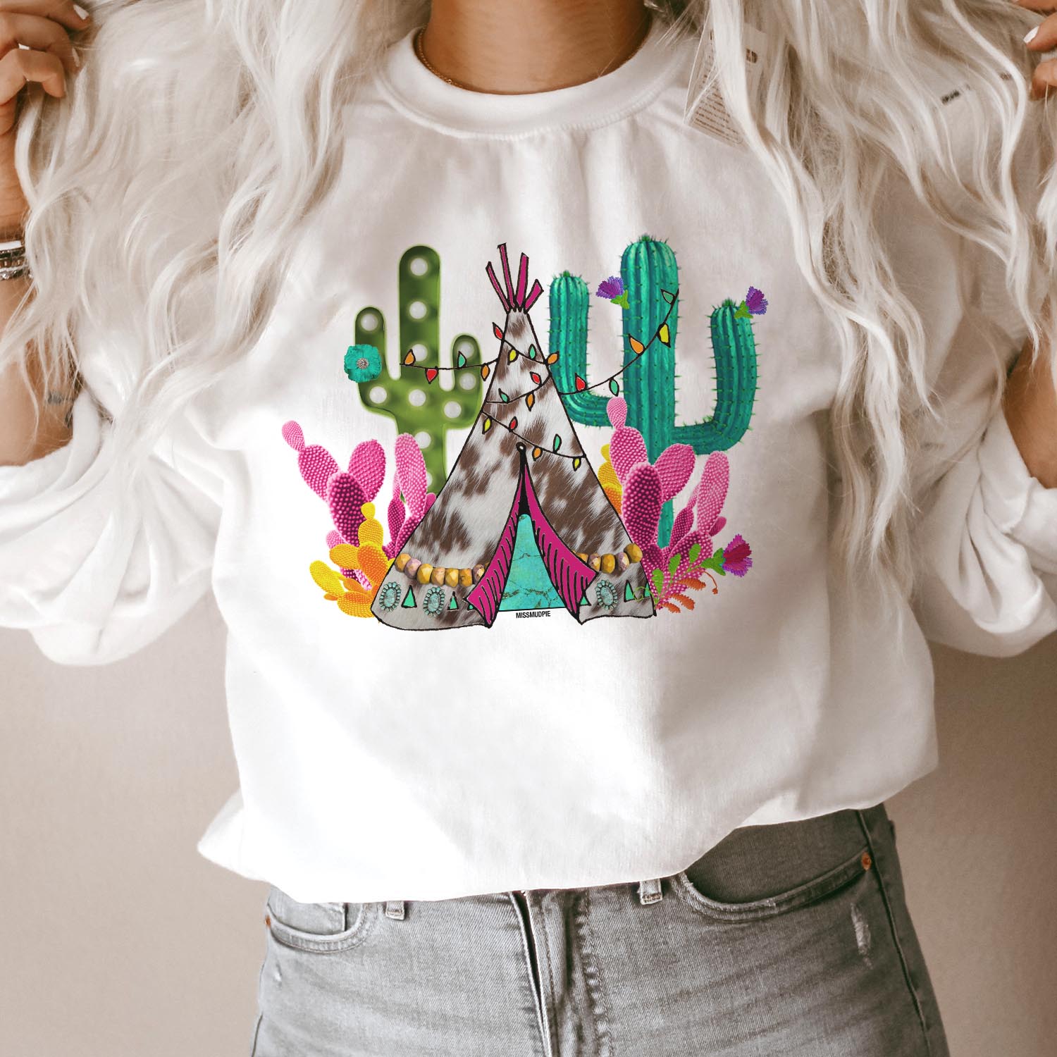 Christmas Cactus Teepee White Graphic Sweatshirt (made 2 order) 3XL