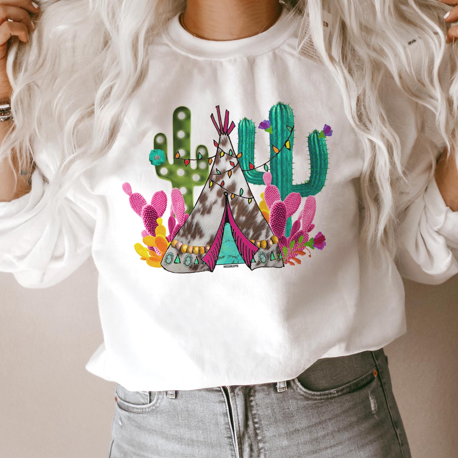 Christmas Cactus Teepee White Graphic Sweatshirt (made 2 order)