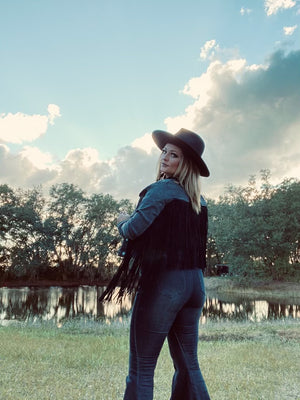 Lunatic Fringe Black Denim Fringe Trim Jean Jacket ~ FINAL SALE