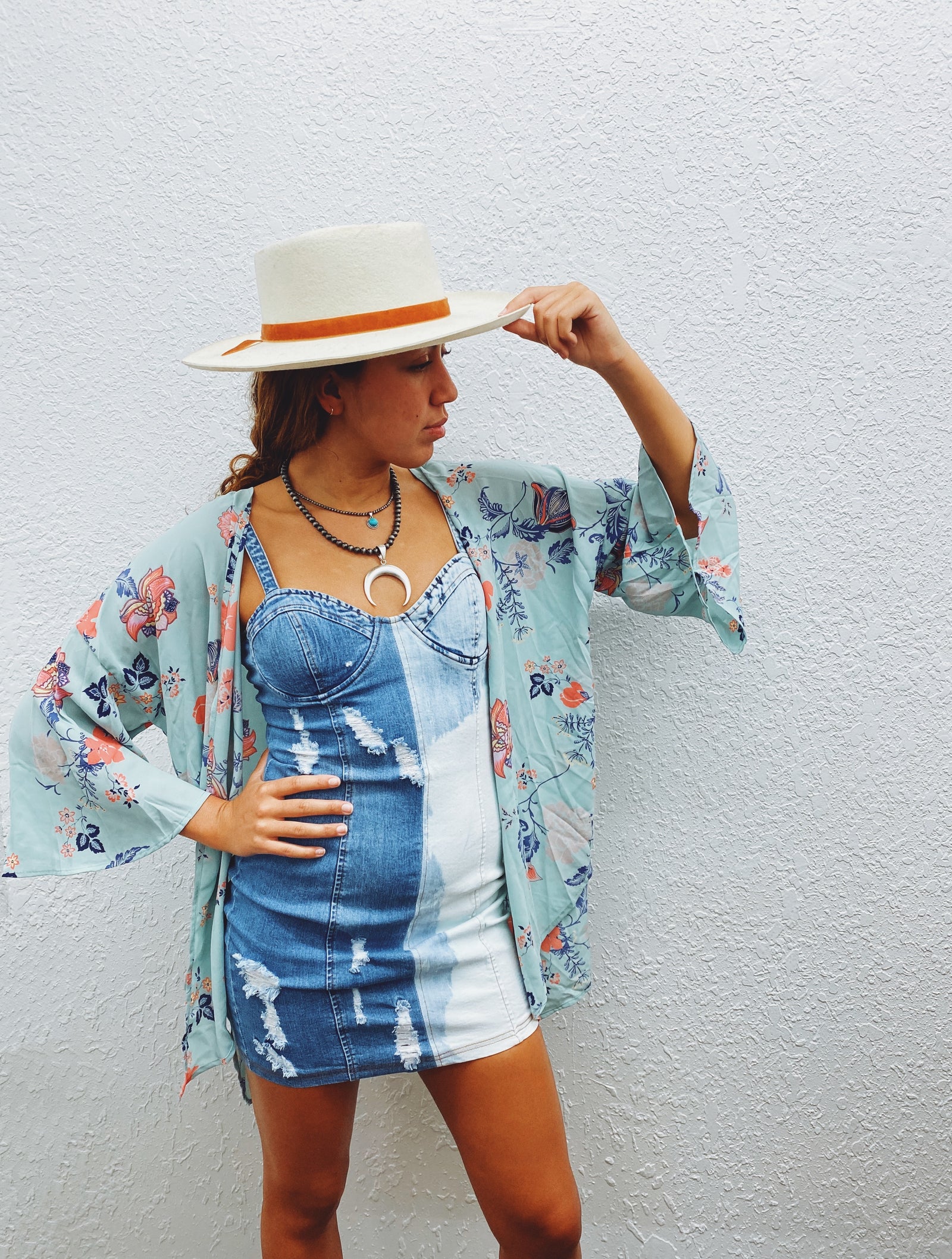 Jackie Blue Floral Print Bell Sleeve Kimono ~ FINAL SALE