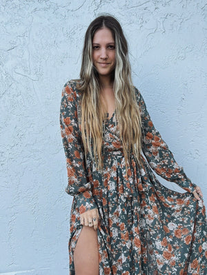 Enchanted Forest Vintage Floral Print Maxi Dress