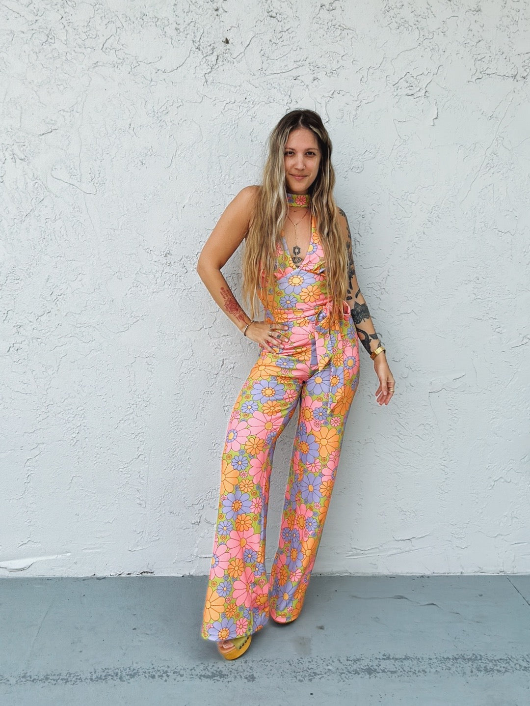 Glam Goddess Retro Floral Print Wide Leg Jumpsuit