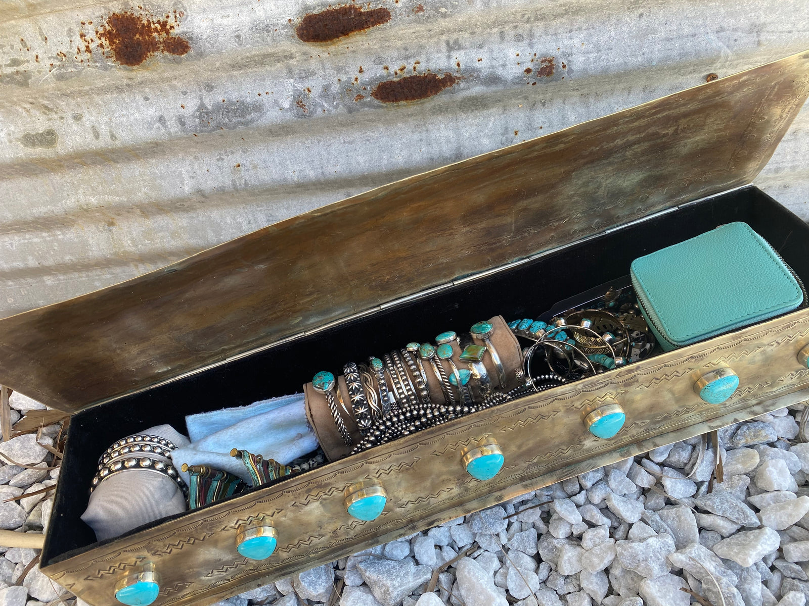J. Alexander Rustic Stamped Silver & Turquoise Stone Mantle Box Jewelry Holder ~ (made 2 order)