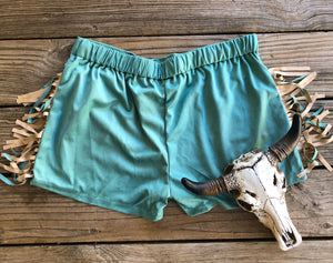 Sunland Park Turquoise Suede Aztec Fringe Shorts