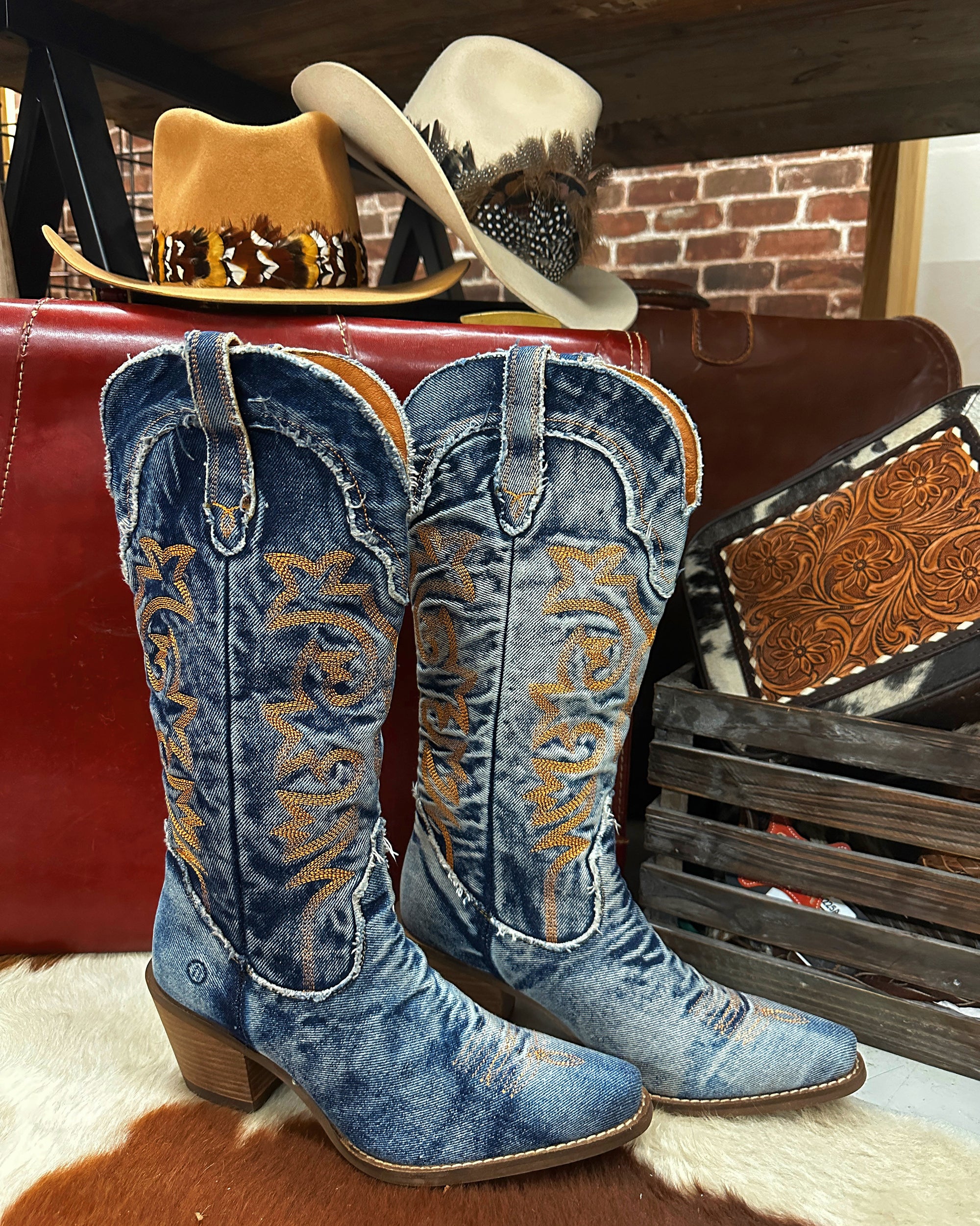 Texas Tornado Distressed Denim Embroidered Knee High Boots (DS)