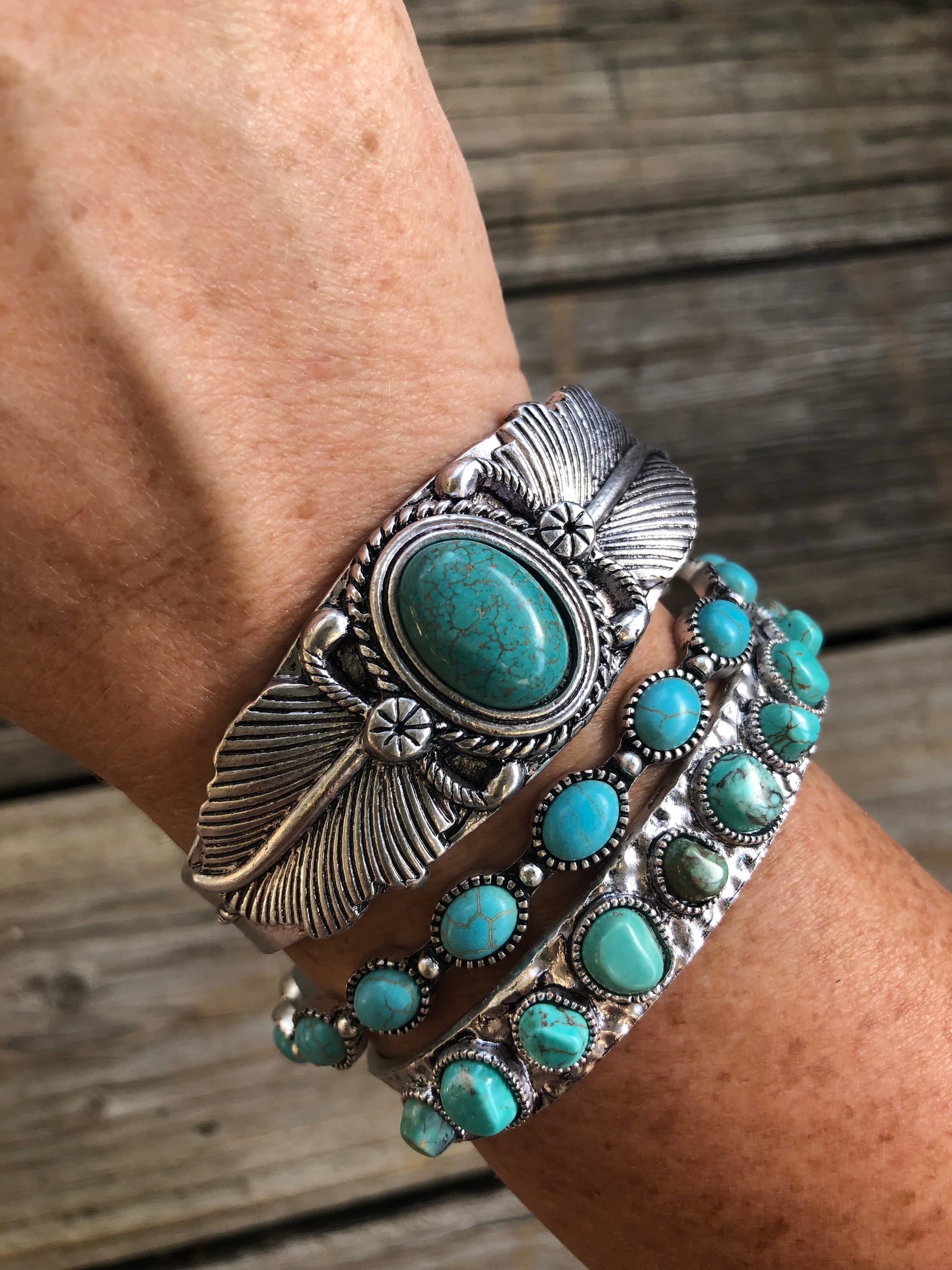 Bohemian Drifter ~ Turquoise & Silver Cuff Bracelet Set