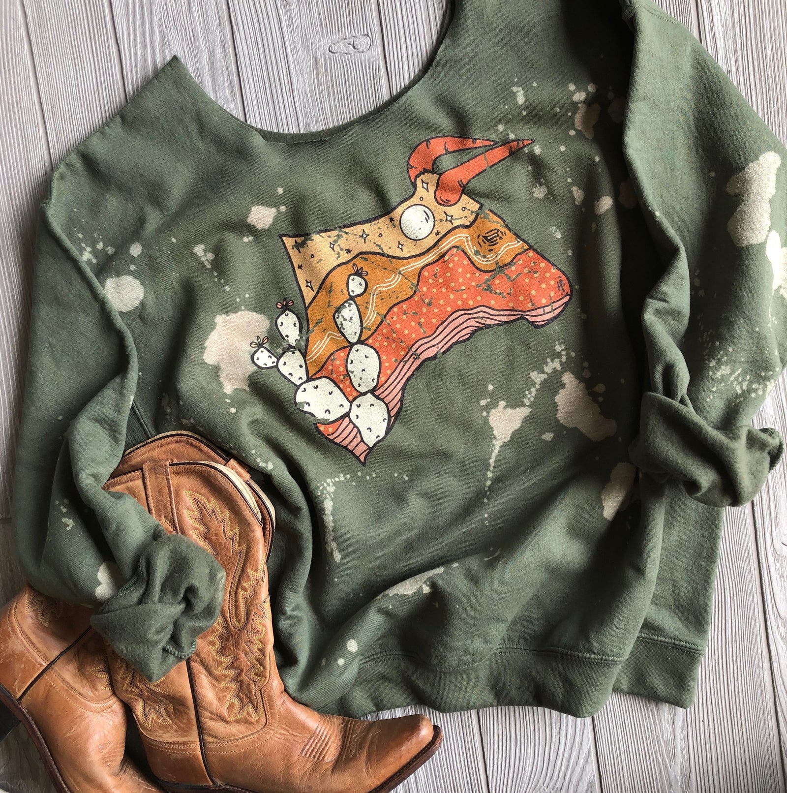 Steer It Up Desert Scene Bull Head Bleached Out Olive Sweatshirt