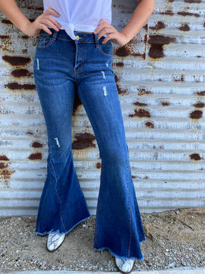Highway Queen Distressed DARK BLUE Denim Bell Bottom Jeans ~ 35 Inseam