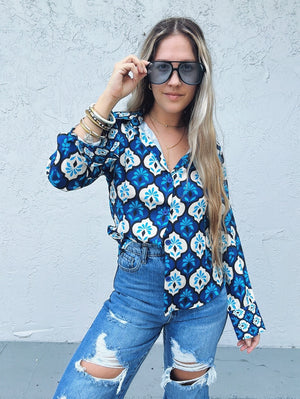 Blue Eyed Babe Button Up Retro Print Top