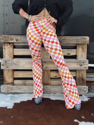 Check Me Out Multi Color Checkerboard Print Flare Pants