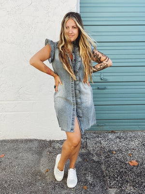 Don't Ruffle My Feathers Denim Ruffle Mini Dress