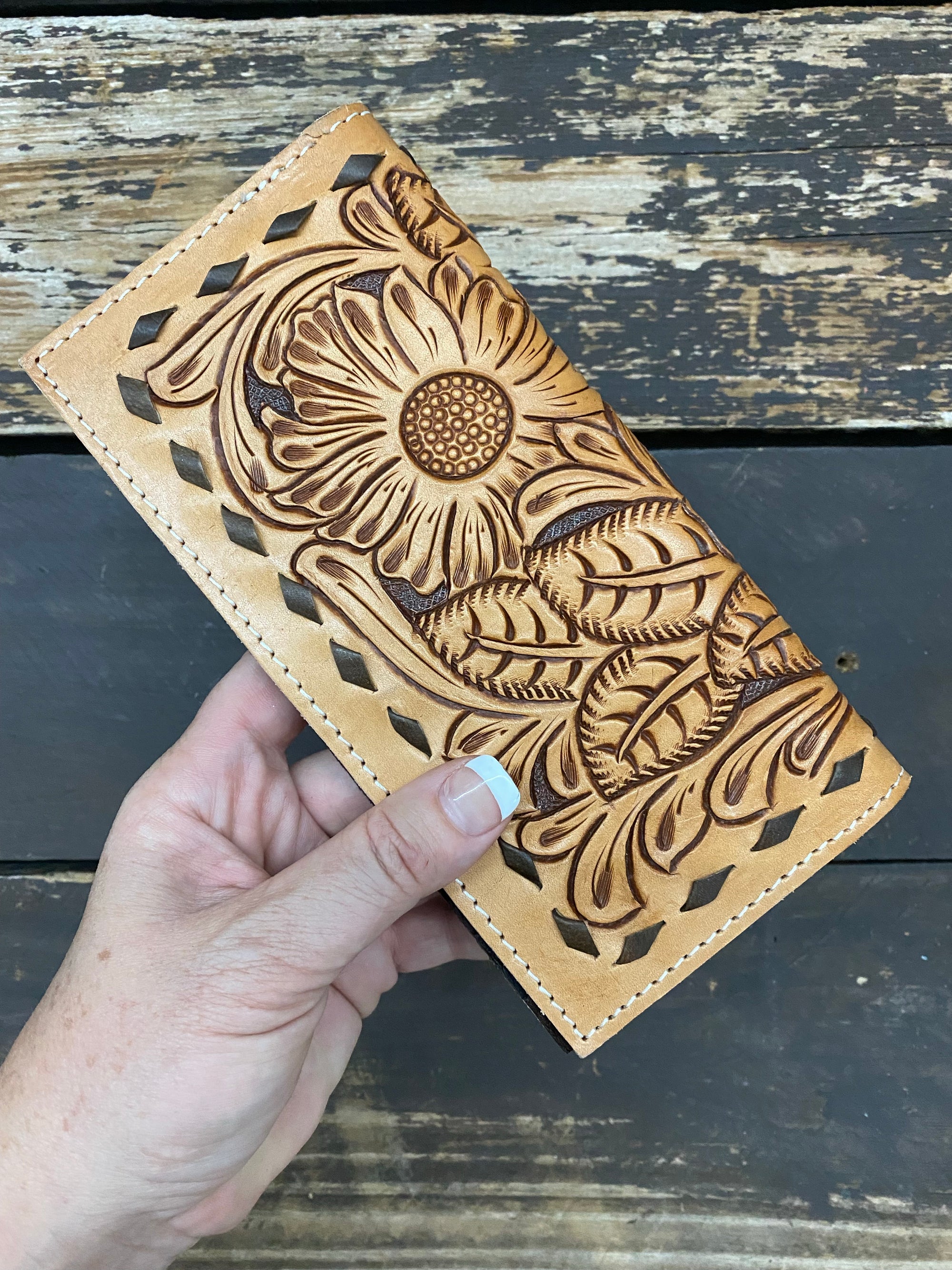 Sunflower Fields Tooled Leather Checkbook Card Holder Wallet