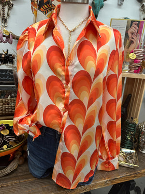 In Another Dimension Retro Heart Print Button Up Satin Blouse