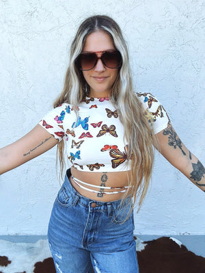 Crazy Town Multi Color Butterfly Print Strappy Back Cropped Tee