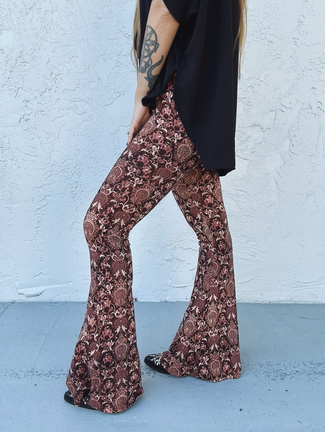 Hitchin' A Ride Baroque Print Bell Bottom Flare Pants - Lil Bee's Bohemian