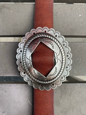 "Ole Castaway" Etched Silver Concho Leather & Cow Puncher Hair On Hide Belts