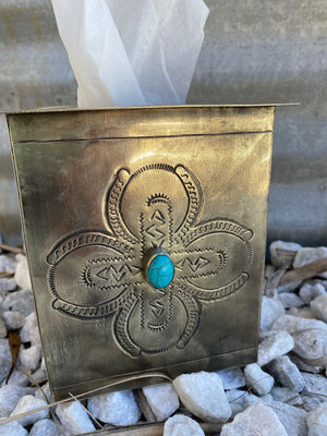 J. Alexander Square Stamped Silver & Turquoise Stone Tissue Box Cover