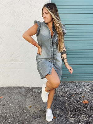 Don't Ruffle My Feathers Denim Ruffle Mini Dress