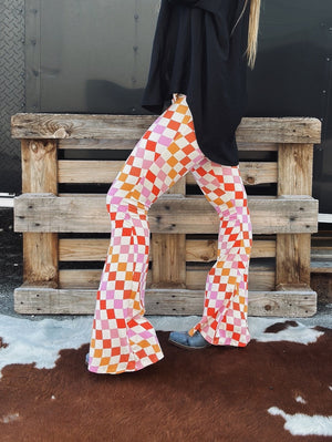 Check Me Out Multi Color Checkerboard Print Flare Pants