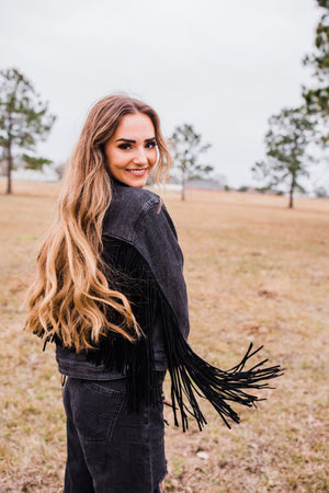 Lunatic Fringe Black Denim Fringe Trim Jean Jacket ~ FINAL SALE