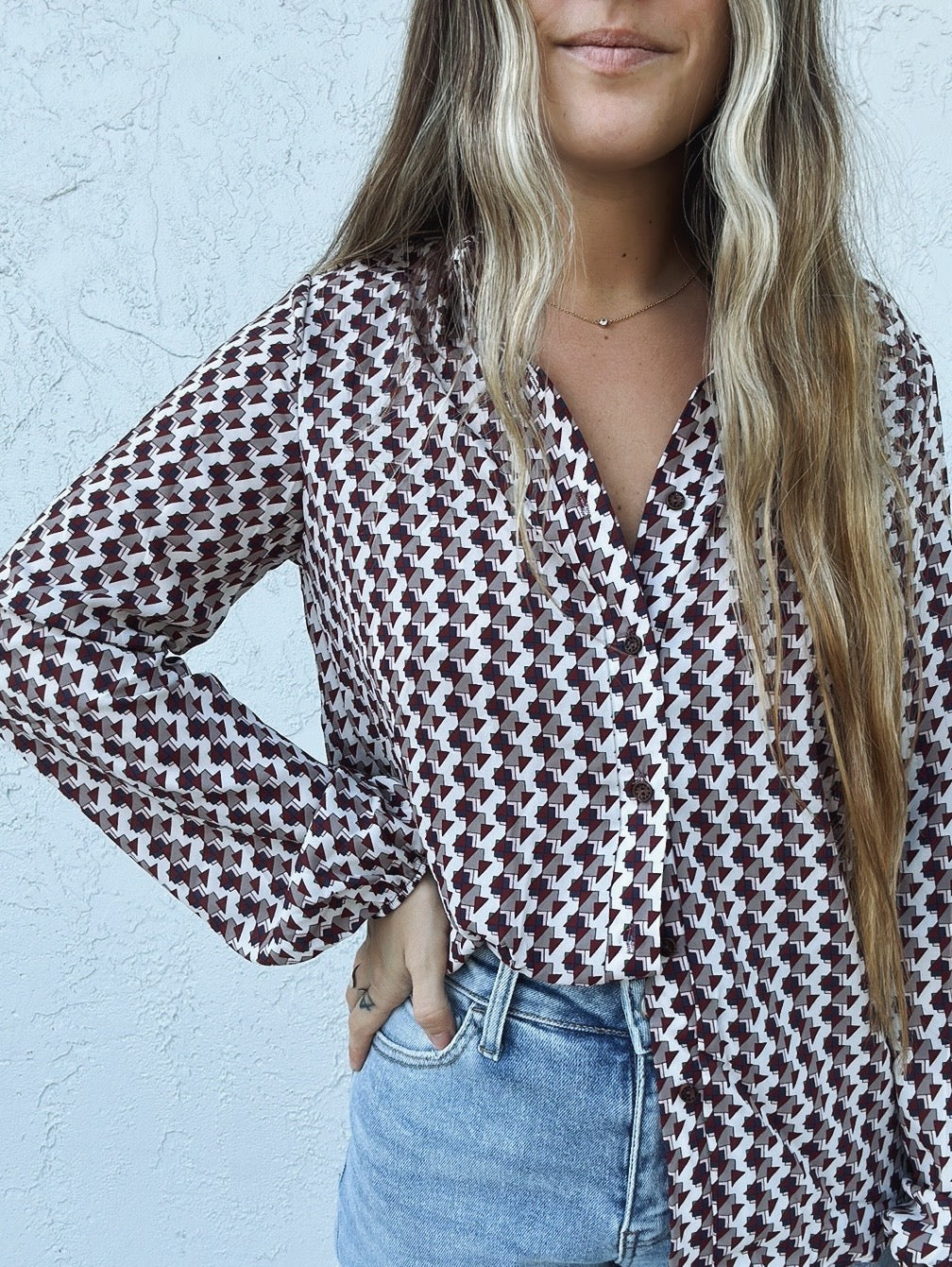 Write This Down Geometric Print Long Sleeve Button Up