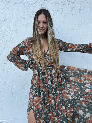Enchanted Forest Vintage Floral Print Maxi Dress