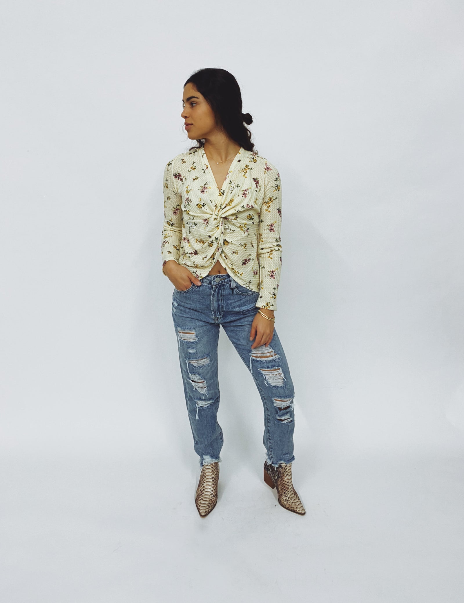 Thermal Floral Long Sleeve Twist Front Top ~ FINAL SALE