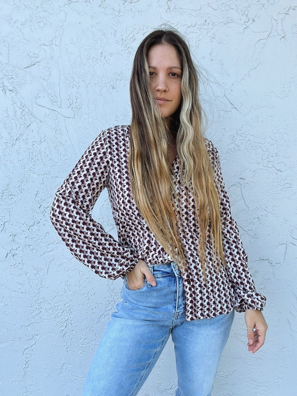 Write This Down Geometric Print Long Sleeve Button Up