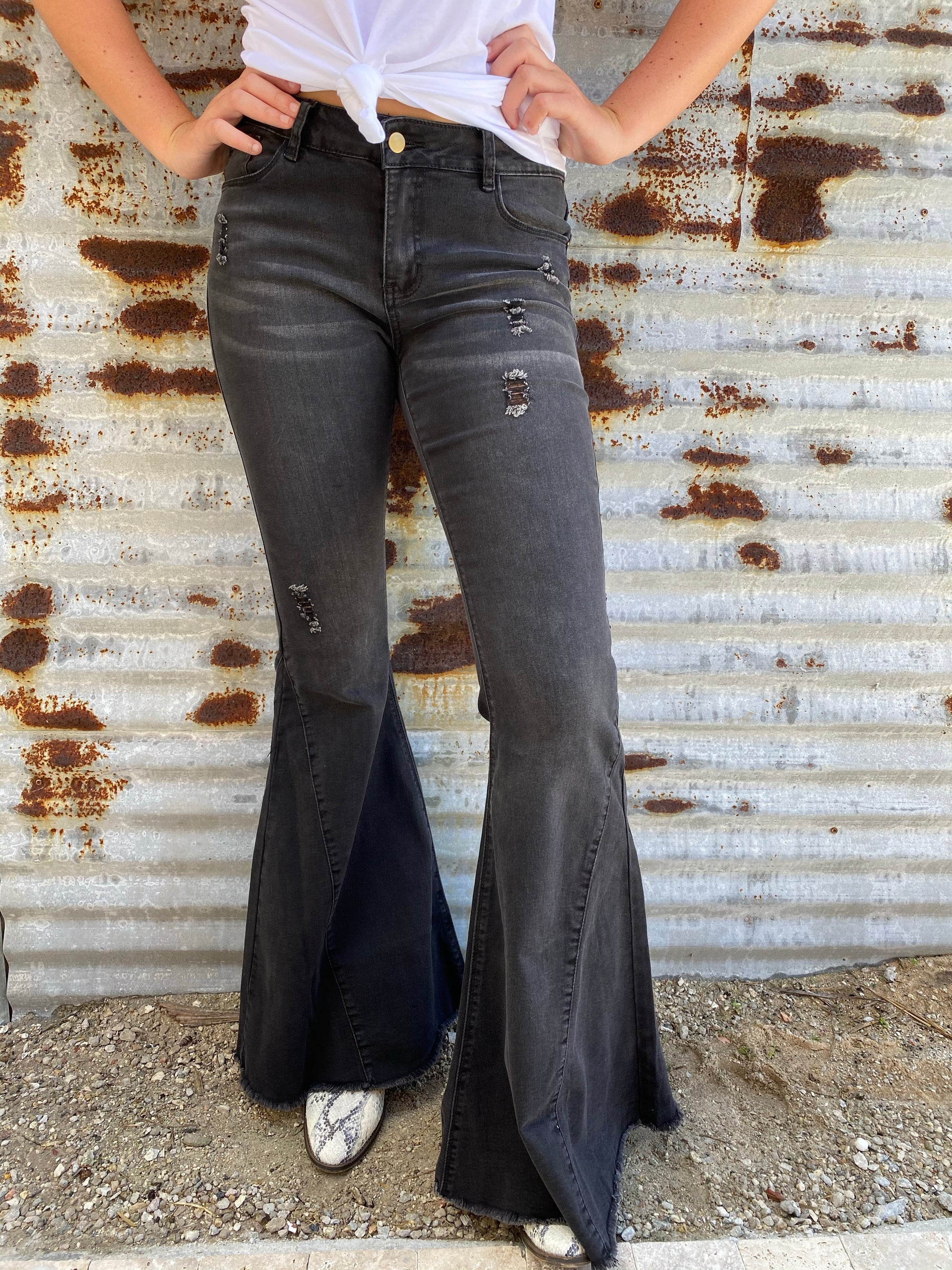 Highway Queen Distressed BLACK Denim Bell Bottom Jeans