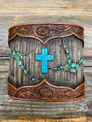 "Ole Bunkhouse" Rustic Wood Turquoise Cross Toothbrush Caddy