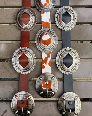 "Ole Castaway" Etched Silver Concho Leather & Cow Puncher Hair On Hide Belts