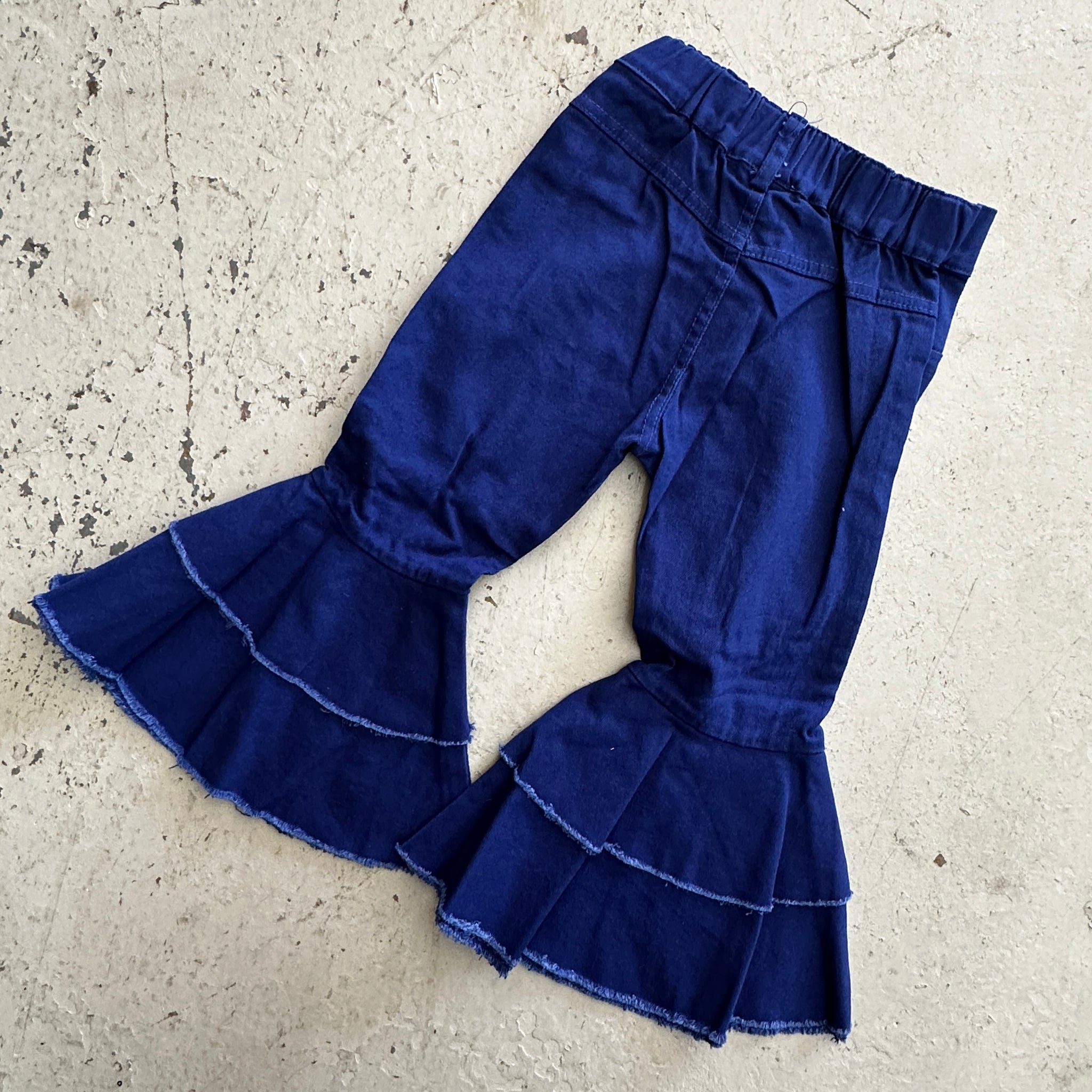 Girls Bell Denim Jeans Double Ruffle Flare Pants Blue