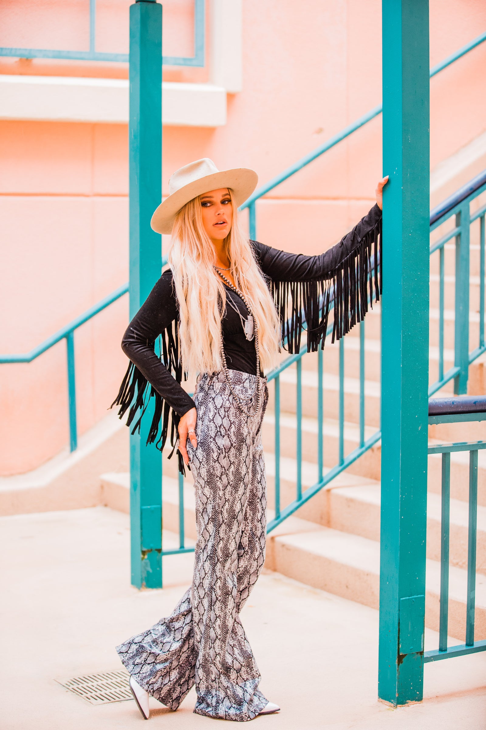 Rocky Road Black & Silvery Grey Snakeskin Leather Flare Pants ~ FINAL SALE