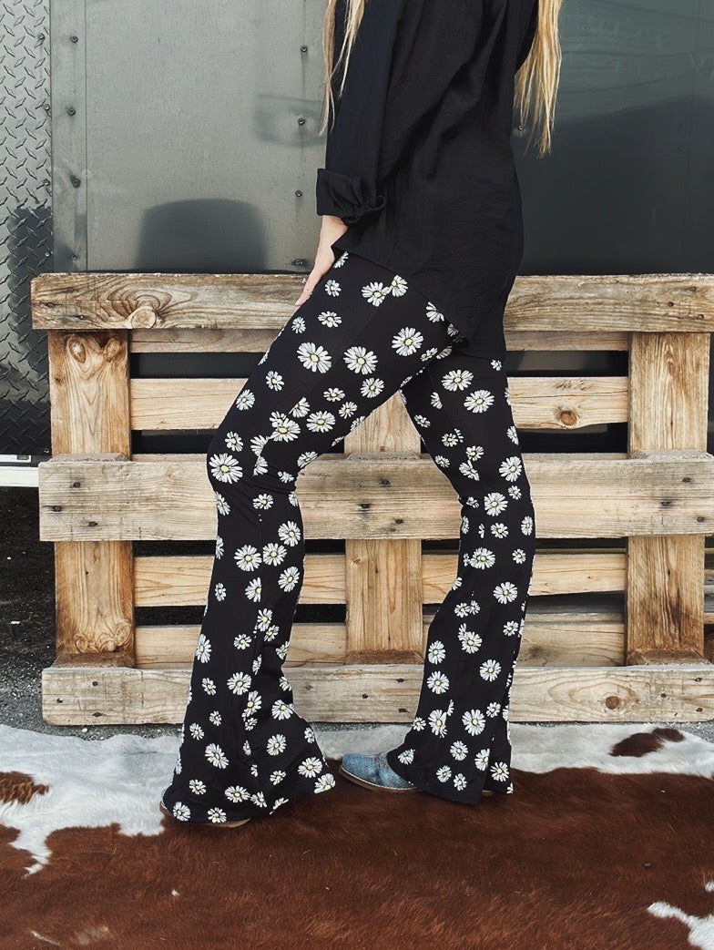 Blooming Daisy Print Bell Bottom Flare Pants