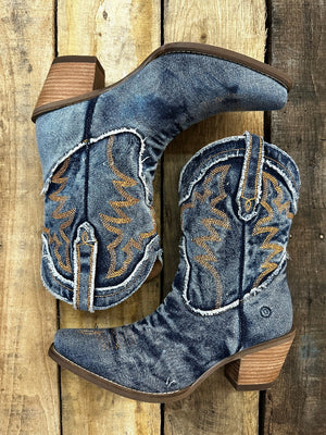 Y'all Need Dolly Distressed Denim Embroidered Boots (DS) ~ BACKORDER 1/10/24