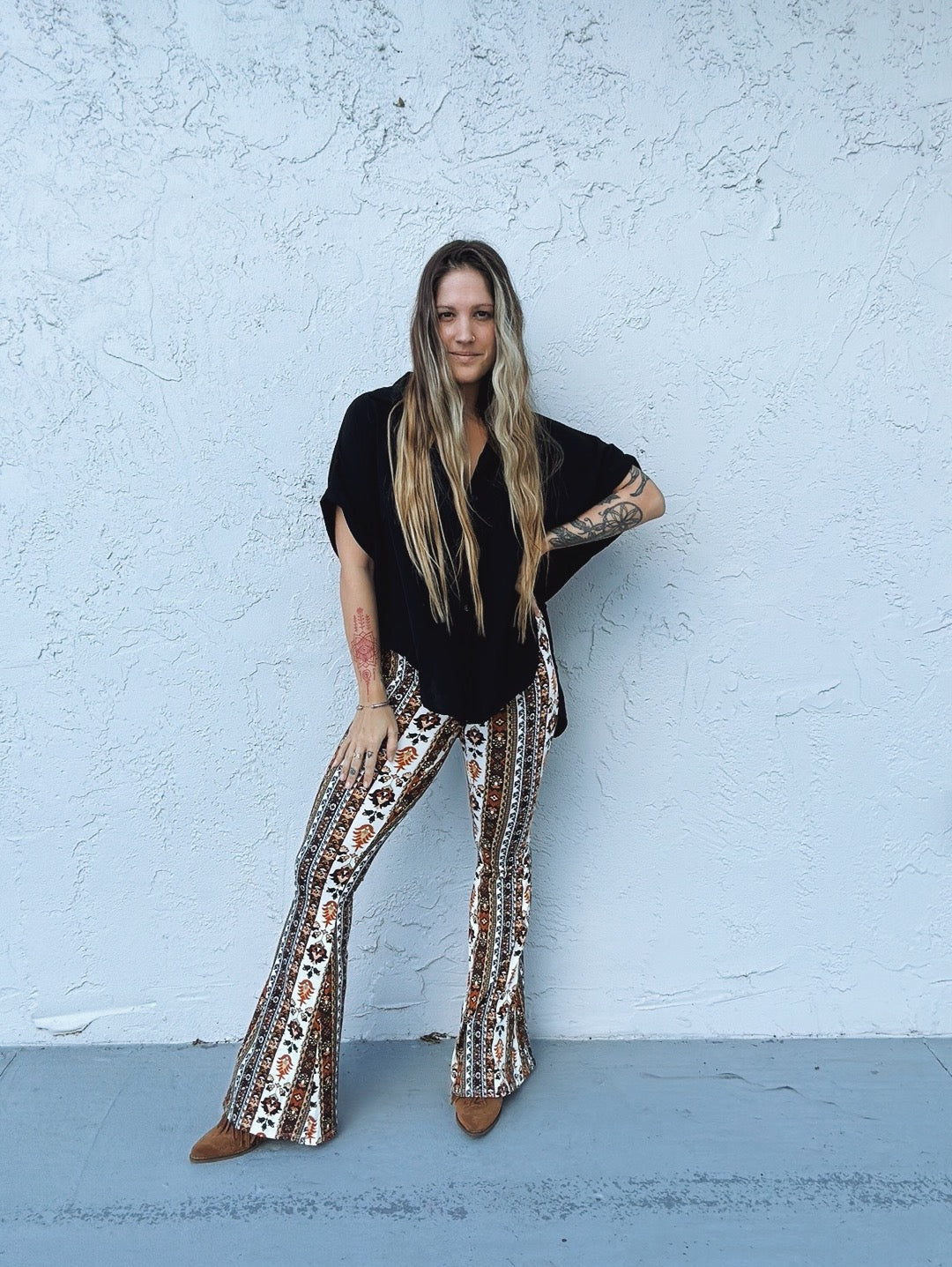 Band Of Gold Boho Floral Print Bell Bottom Flare Pants - Lil Bee's