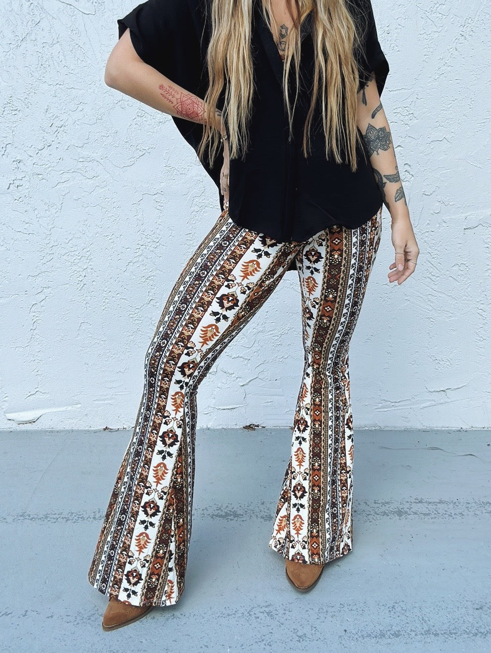 Band Of Gold Boho Floral Print Bell Bottom Flare Pants - Lil Bee's Bohemian