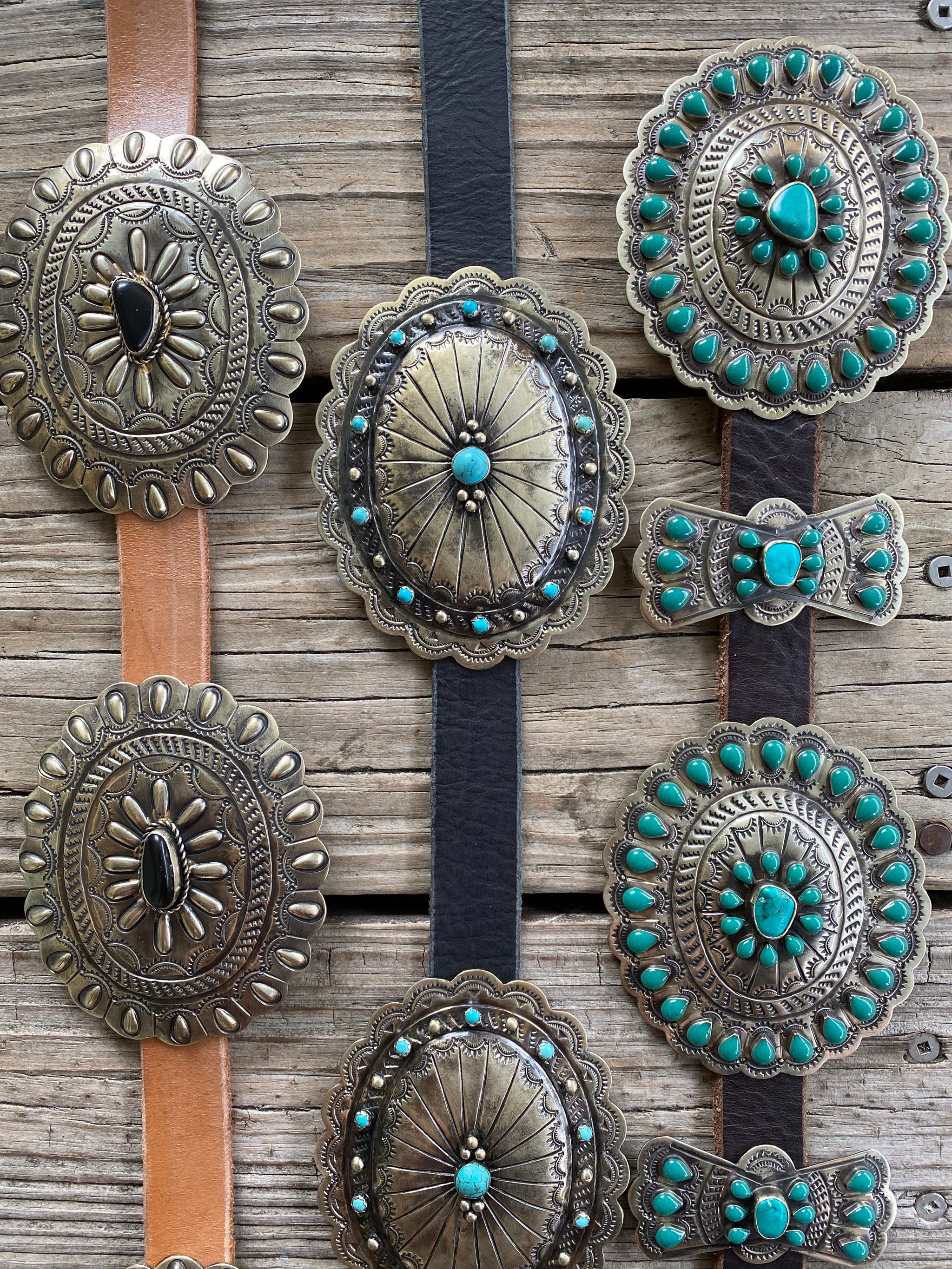 Authentic Turquoise & Black Onyx Etched Silver Concho Leather Belts Dark Chocolate Brown Leather/Silver Thunderbird (3rd from The Left)